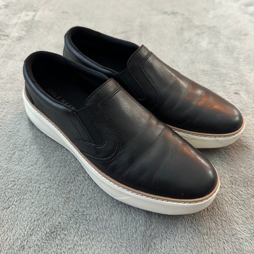 Cole Haan Black Leather Slip-On Sneakers with White Platform Sole
